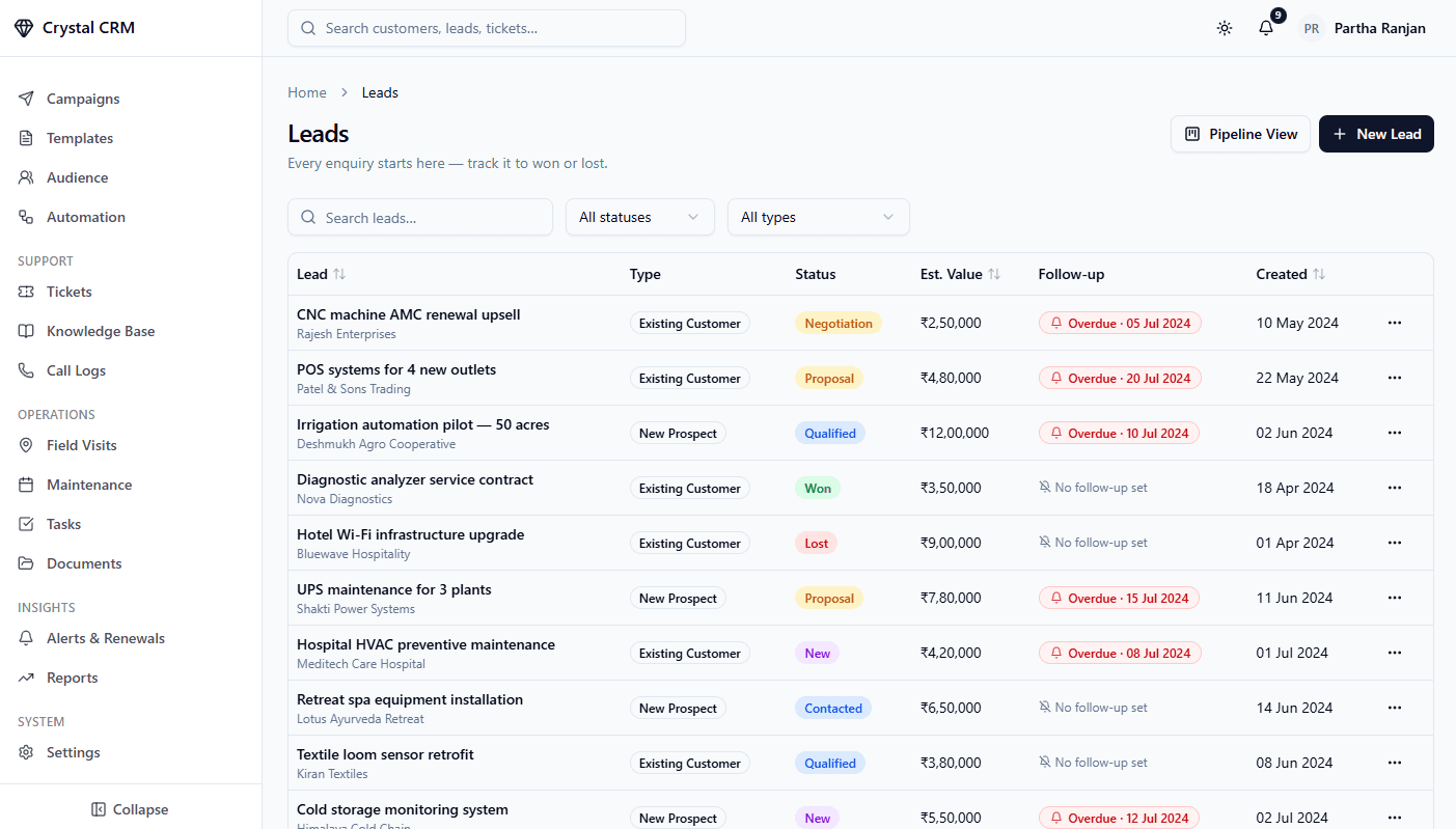 Crystal CRM dashboard showing a customer profile with installed products, AMC status, and recent activity